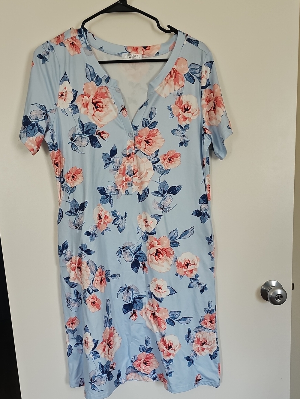 Light Blue Floral Nursing Dress with Pink Roses